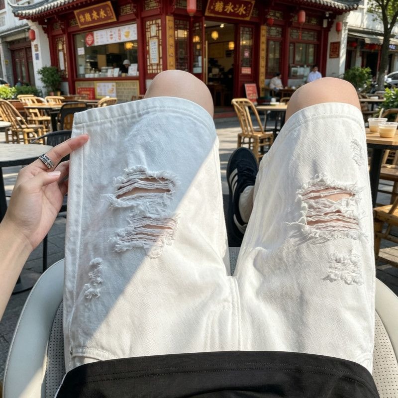 Shorts Denim Frayed - Męskie elastyczne szorty jeansowe z prostymi