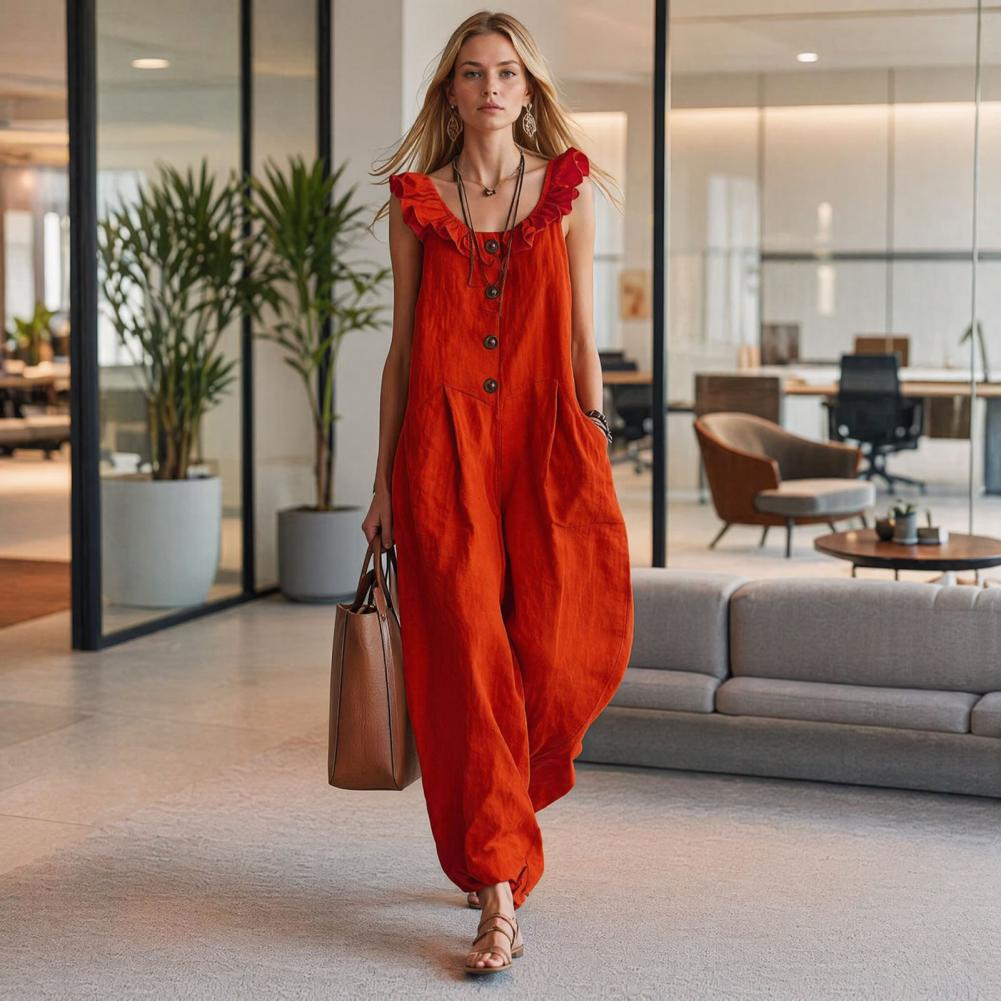 Luźny kombinezon damski z falb – Jumpsuit Linen Relaxed recenzja i cena